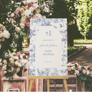 Affiche Cute Safari Toile de Jouy Baby shower bleu