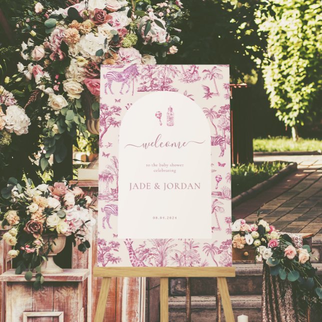 Affiche Cute Safari Toile de Jouy | Baby shower rose (Créateur téléchargé)