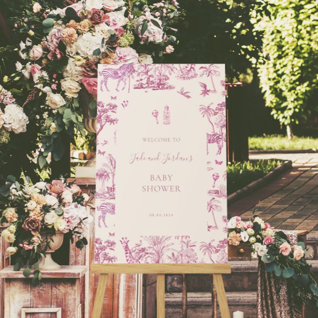 Affiche Cute Safari Toile de Jouy | Baby shower rose (Créateur téléchargé)