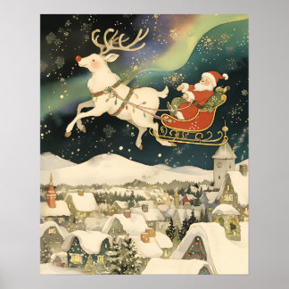 Affiche Cute Santa and Reindeer Flying Over Snowy Village