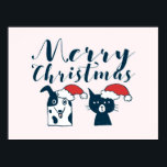 Affiche Cute Santa Dog & Cat Drawing | Merry Christmas<br><div class="desc">Cartoon style illustration of a cute dog and cat wearing santa hats. I tried to portray the characteristics of dogs and cats in their faces. The dog has his tongue out and smiling innocently. The cat looks unamused and annoyed. Cute and funny doodle style drawing for pet lovers.</div>