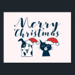 Affiche Cute Santa Dog & Cat Drawing | Merry Christmas<br><div class="desc">Cartoon style illustration of a cute dog and cat wearing santa hats. I tried to portray the characteristics of dogs and cats in their faces. The dog has his tongue out and smiling innocently. The cat looks unamused and annoyed. Cute and funny doodle style drawing for pet lovers.</div>