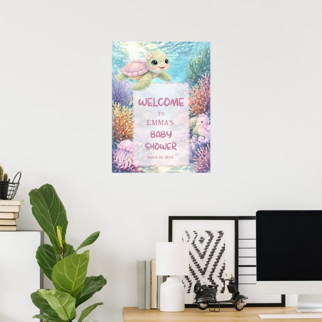 Affiche Cute Sea Turtle Girl Baby Shower Welcome (Bureau à domicile)