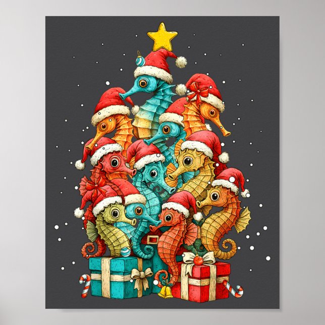 Affiche Cute Seahorse Le Sea Fish Christmas Tree Xmas Hat  (Devant)