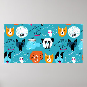 Affiche Cute seamless pattern with funny dogs on a blue ba