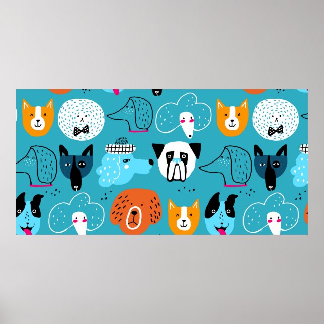 Affiche Cute seamless pattern with funny dogs on a blue ba (Devant)