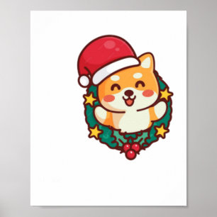 Affiche Cute Shiba Inu Sourire avec le Casquette de Noël A