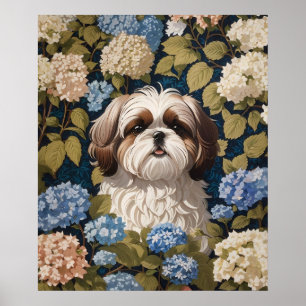Affiche Cute Shih Tzu Chiot Blue hydrangea fleurs