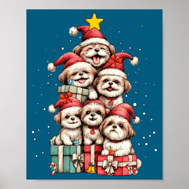 Affiche Cute Shih Tzu Le Dog Christmas Tree Xmas Hat Long  (Devant)