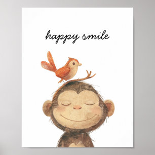 Affiche Cute Singe Oiseau Joyeux Sourire Aquarelle Nursery