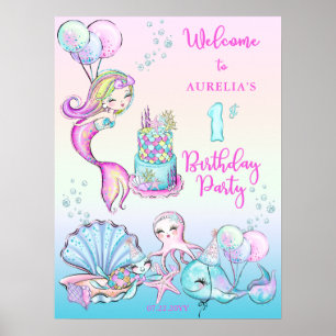 Affiche Cute sirène   Sea Girl's 1er anniversaire Party Po
