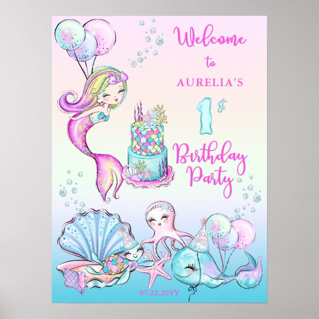 Affiche Cute sirène | Sea Girl's 1er anniversaire Party Po (Devant)