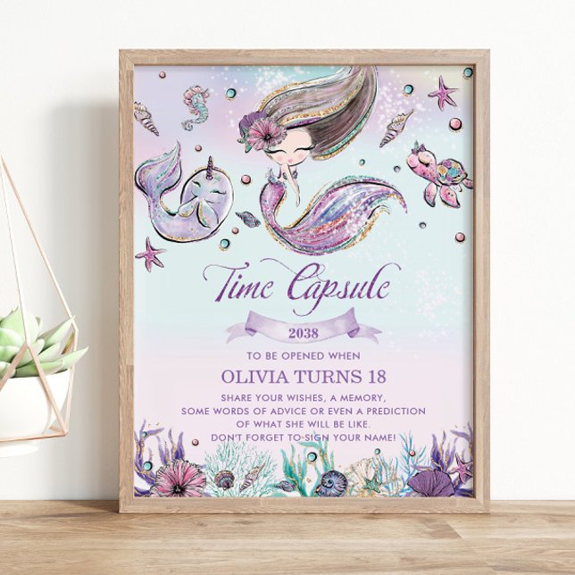 Affiche Cute Sirène sous la mer Anniversaire Capsule (zazzle-mermaid-brunette-girl-under-the-sea-1st-birthday-time-capsule-sign-poster-activity-printed)
