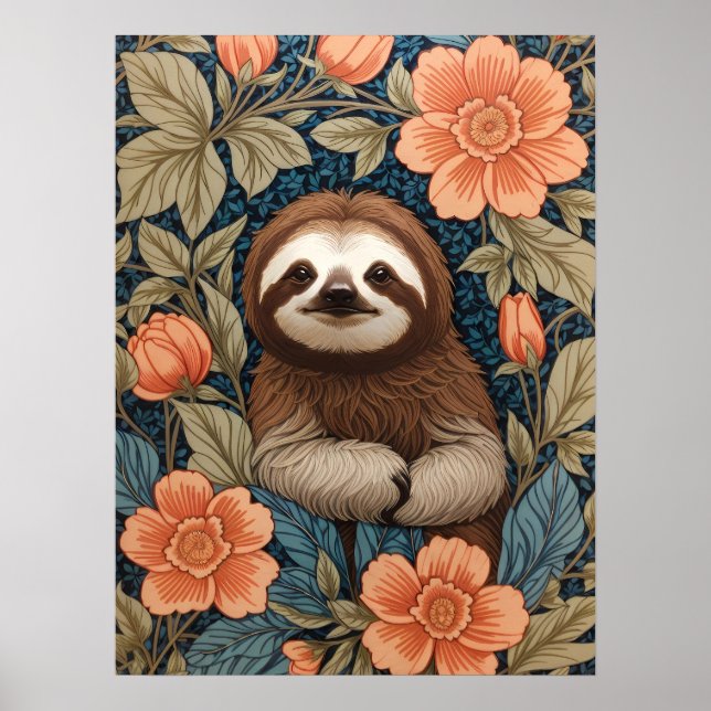 Affiche Cute Sloth Elegant Floral William Morris Inspired (Devant)