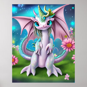 Affiche Cute Smiling Baby Dragon with Flowers