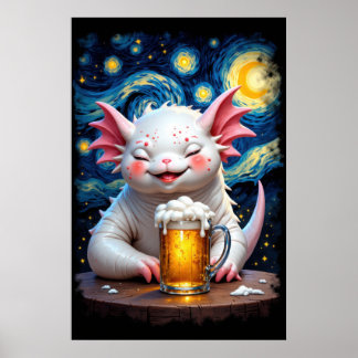 Affiche Cute smiling monster with a mug of beer and starry