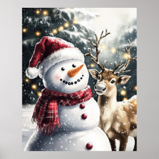 Affiche Cute Snowman and Reindeer Christmas Wall Art