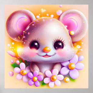 Affiche Cute souris rose Kawaii