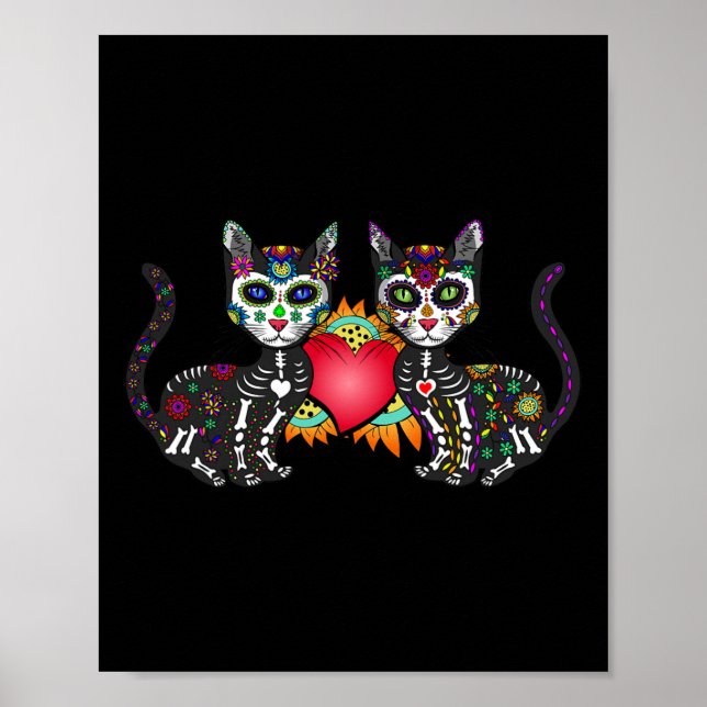 Affiche Cute Sugar Crâne Chat Duo Coeur Mexicain Dia De Lo (Devant)