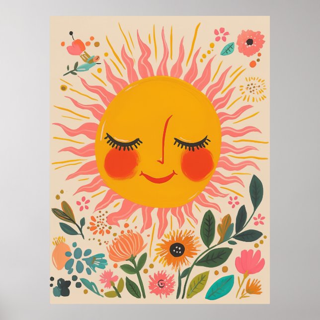 Affiche Cute Sun Sunny Day Boho Floral Illustration (Devant)
