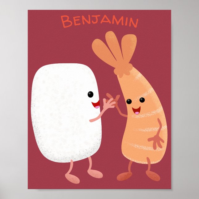 Affiche Cute sushi riz crevettes amis dessin animé (Devant)