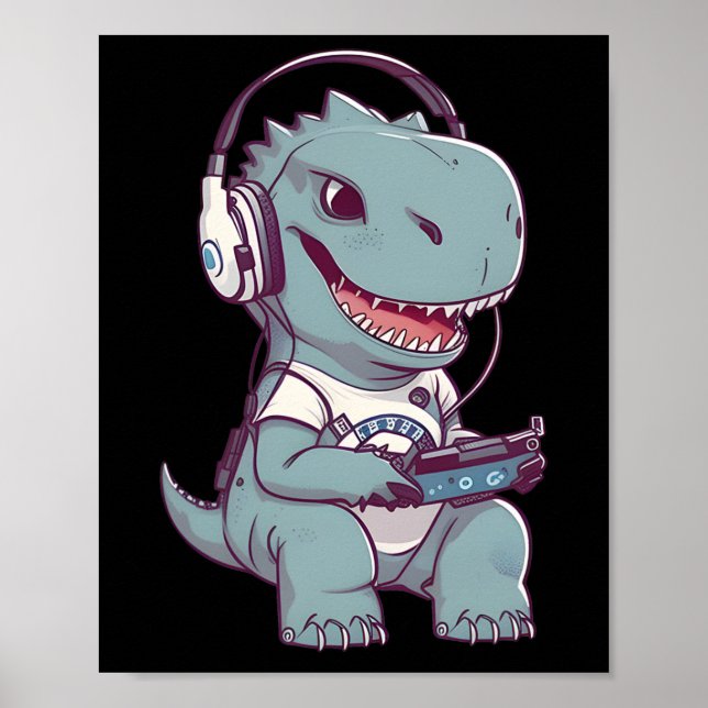Affiche Cute T. Rex-dinosaur Jouer Jeu Vidéo Jeu Jeu (Devant)