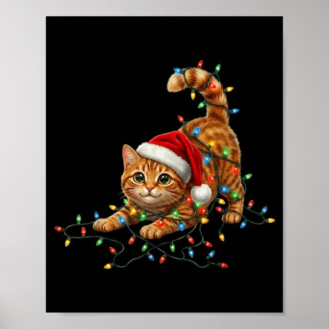 Affiche Cute Tabby Cat Christmas Funny Lights Xmas Cat In  (Devant)