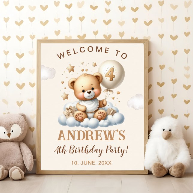 Affiche Cute Teddy Bear 4th Birthday Wall Decoration (Créateur téléchargé)