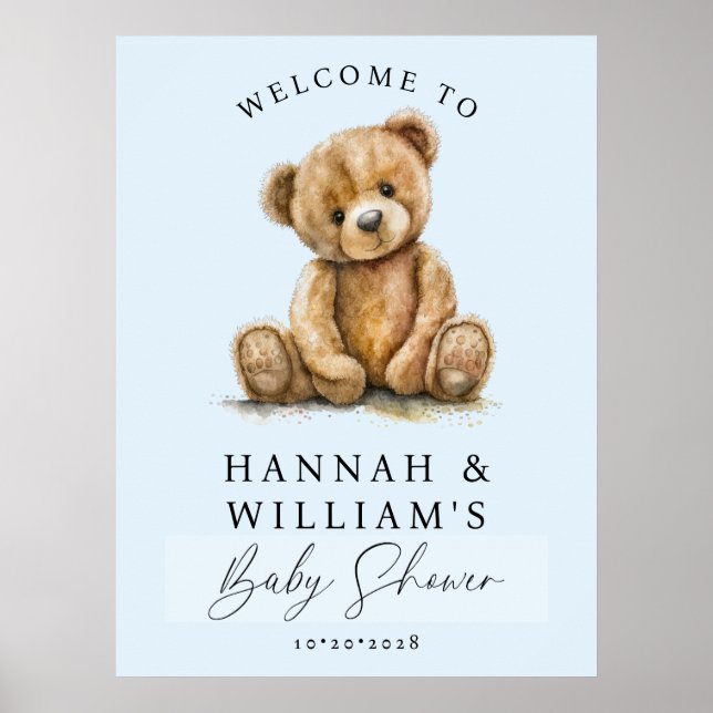 Affiche Cute Teddy Bear Blue Boy Baby Shower Welcome Sign (Devant)