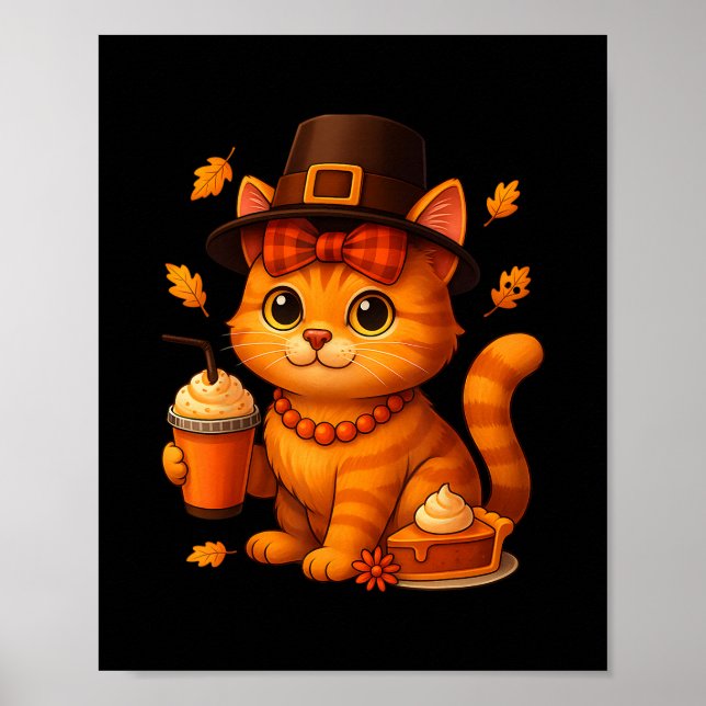 Affiche Cute Thanksgiving Cat Fall Pumpkin Pie Latte Autum (Devant)
