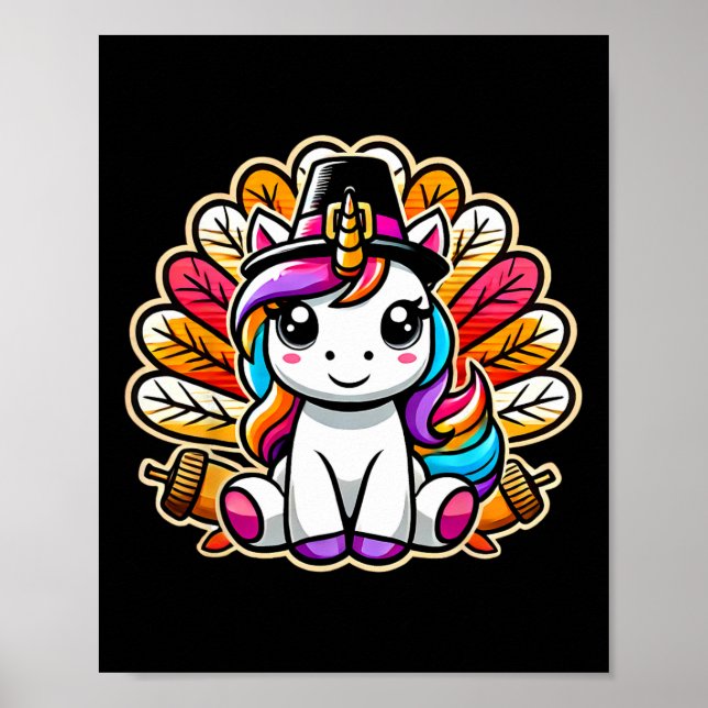 Affiche Cute Thanksgiving Unicorn Pilgrim Hat Turkey Girls (Devant)