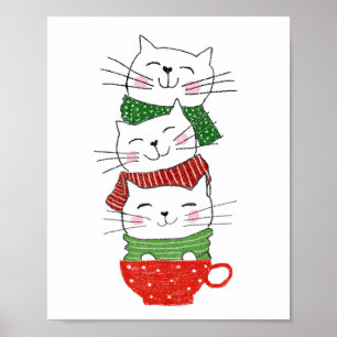 Affiche Cute Three Cats Stacked Cup Holiday Scarves Funny