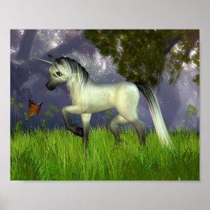 Affiche Cute Toon Unicorn avec Arrière - plan Woodland