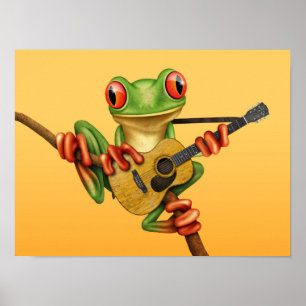 Affiche Cute Tree Frog Jouer une guitare acoustique Jaune