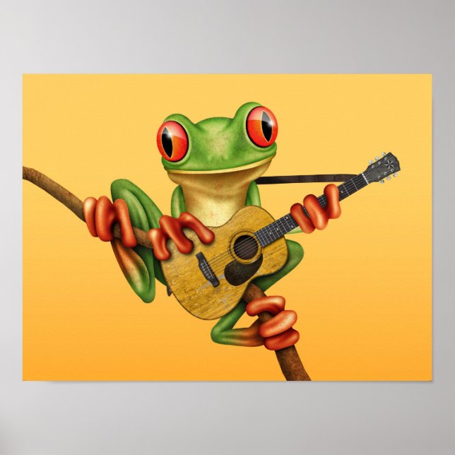 Affiche Cute Tree Frog Jouer une guitare acoustique Jaune (Devant)
