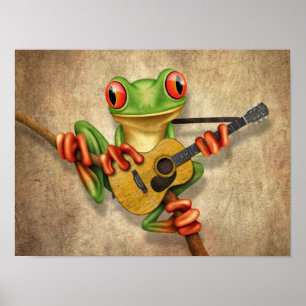 Affiche Cute Tree Frog Jouer une guitare acoustique Rough