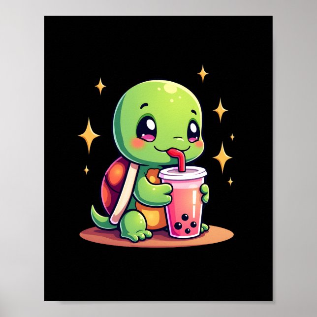 Affiche Cute turtle drinking boba. Funny Boba Turtles Love (Devant)