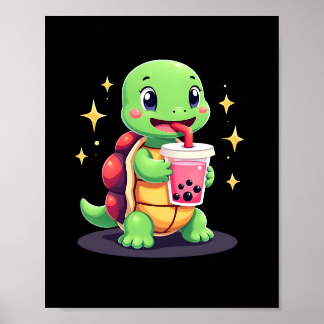 Affiche Cute turtle drinking boba. Funny Boba Turtles Love (Devant)