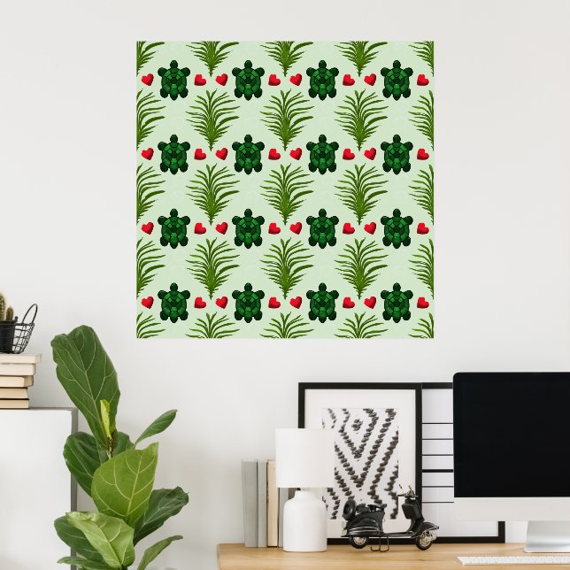 Affiche Cute Turtle Pattern Aesthetic | Tropical Leaves Bu (Bureau à domicile)