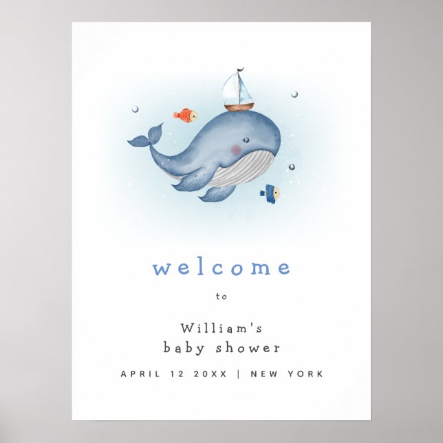 Affiche Cute Under The See Whale Boat Baby shower Welcome (Devant)