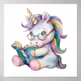 Affiche Cute Unicorn dans les lunettes de vue Lecture d'un