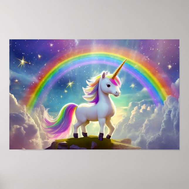 Affiche Cute Unicorn devant un arc-en-ciel (Devant)
