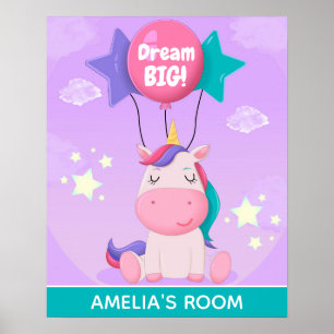 Affiche Cute Unicorn et Ballons Dream Big Personnalisé