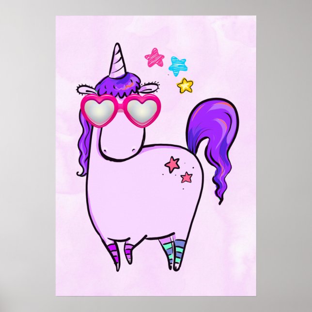 Affiche Cute Unicorn in Heart Shaped Glasses (Devant)