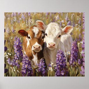 Affiche Cute Vaches Laitières Calves Lupines Fleurs