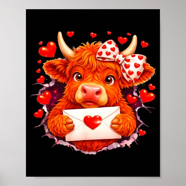 Affiche Cute Valentine Highland Cow With Heart Bow Western (Devant)