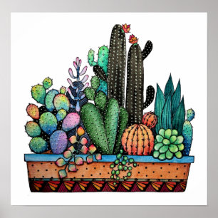 Affiche Cute Watercolor Cactus Garden