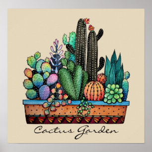 Affiche Cute Watercolor Cactus Garden