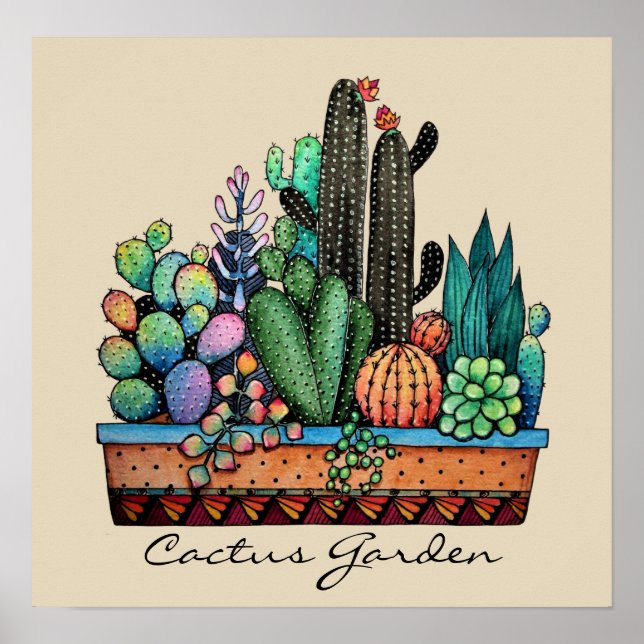 Affiche Cute Watercolor Cactus Garden (Devant)