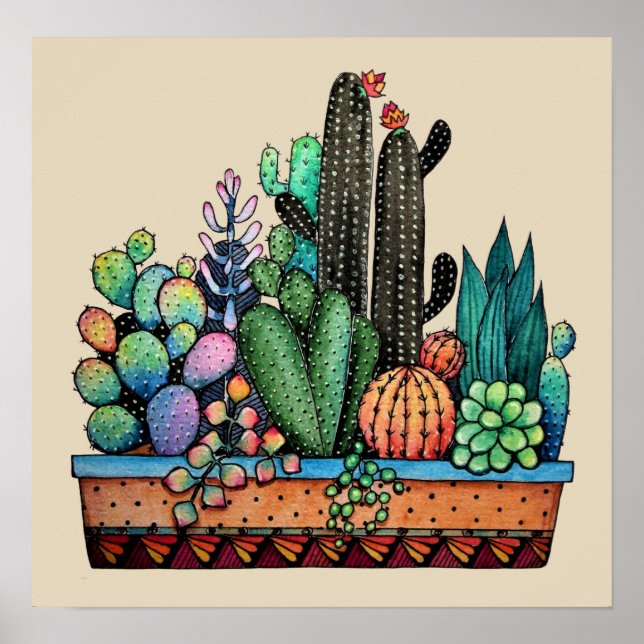 Affiche Cute Watercolor Cactus Garden (Devant)